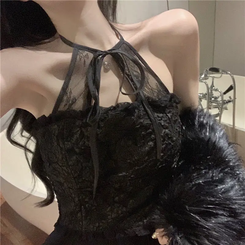 Delicate Sweet Halter Camisole Women Thin Summer Sexy Clubwear Inner Crop Tops Bandage French Style Vintage Embroidery Aesthetic