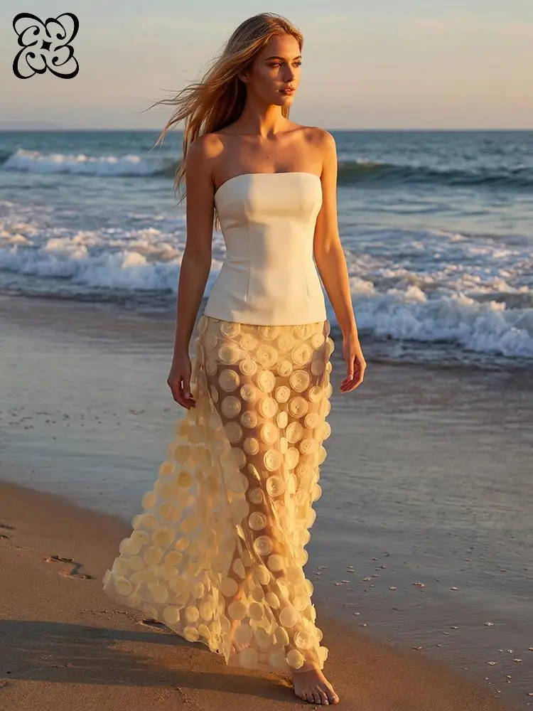 

Yellow Strapless 3D Circle Applique Evening Dresses for Women Sheer Mesh Bodycon Maxi Dress Elegant Formal Cocktail Party Gown