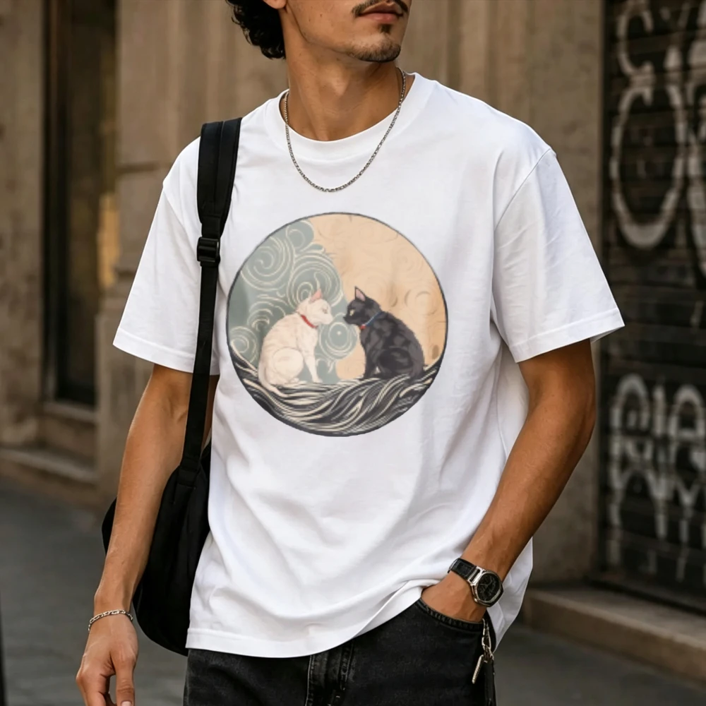 Vintage Japanisches Wellenmuster Yin Yang Schwarz-Weiß Paar Katzen Runder Kunstdruck Herren Reines Baumwoll-T-Shirt Orientalische Freizeitkleidung