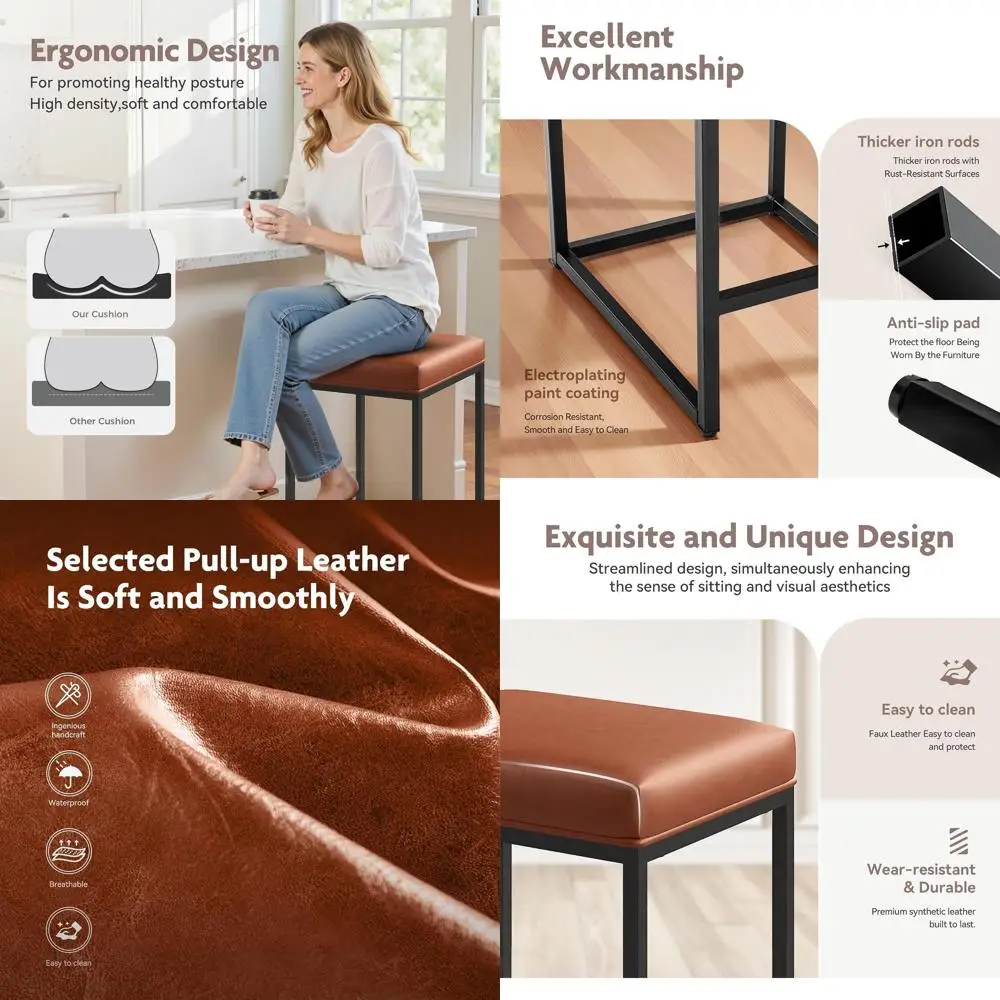 

Kitchen Island Bar Stools, Black, Faux Leather Cushion, Set of 3, Sturdy Metal Frame dining chairs taburetes sillas