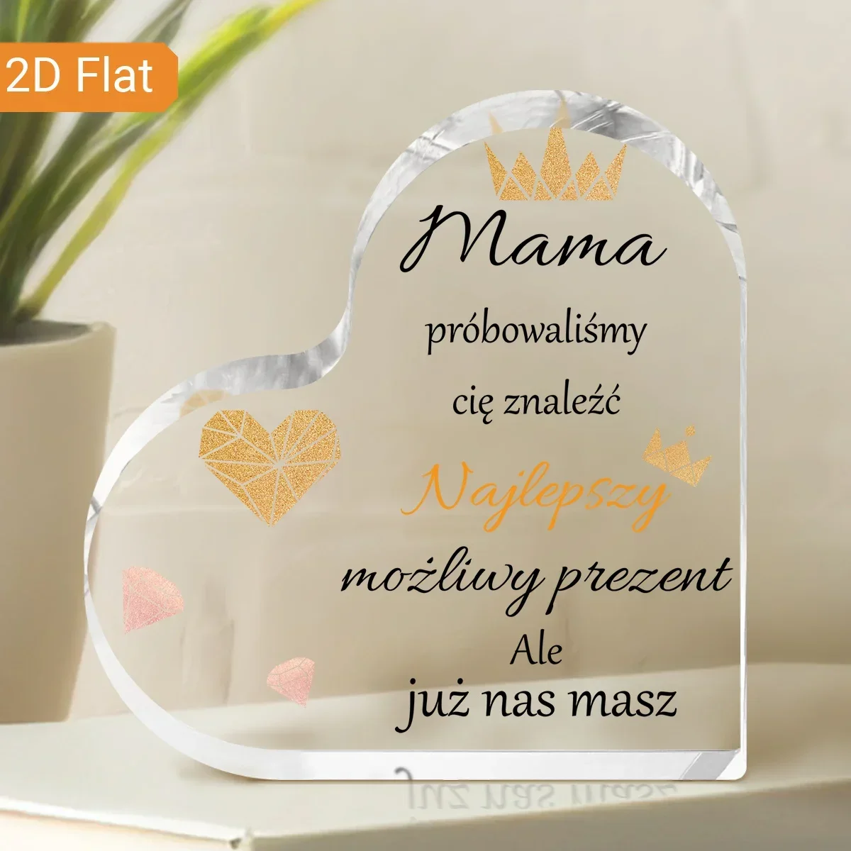 Polish Language Mother Gift Acrylic Heart Plaque Keepsake Decor,Heart Shaped Acrylic Plaque Polish Quote Gift for Mama Mother’s Day Desk Decor