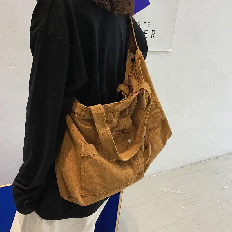 Shoulder Bags Unisex Canvas Large Capacity Multi-pockets Harajuku Vintage Cross-body Leisure Travel Totes Ulzzang Fashion Retro