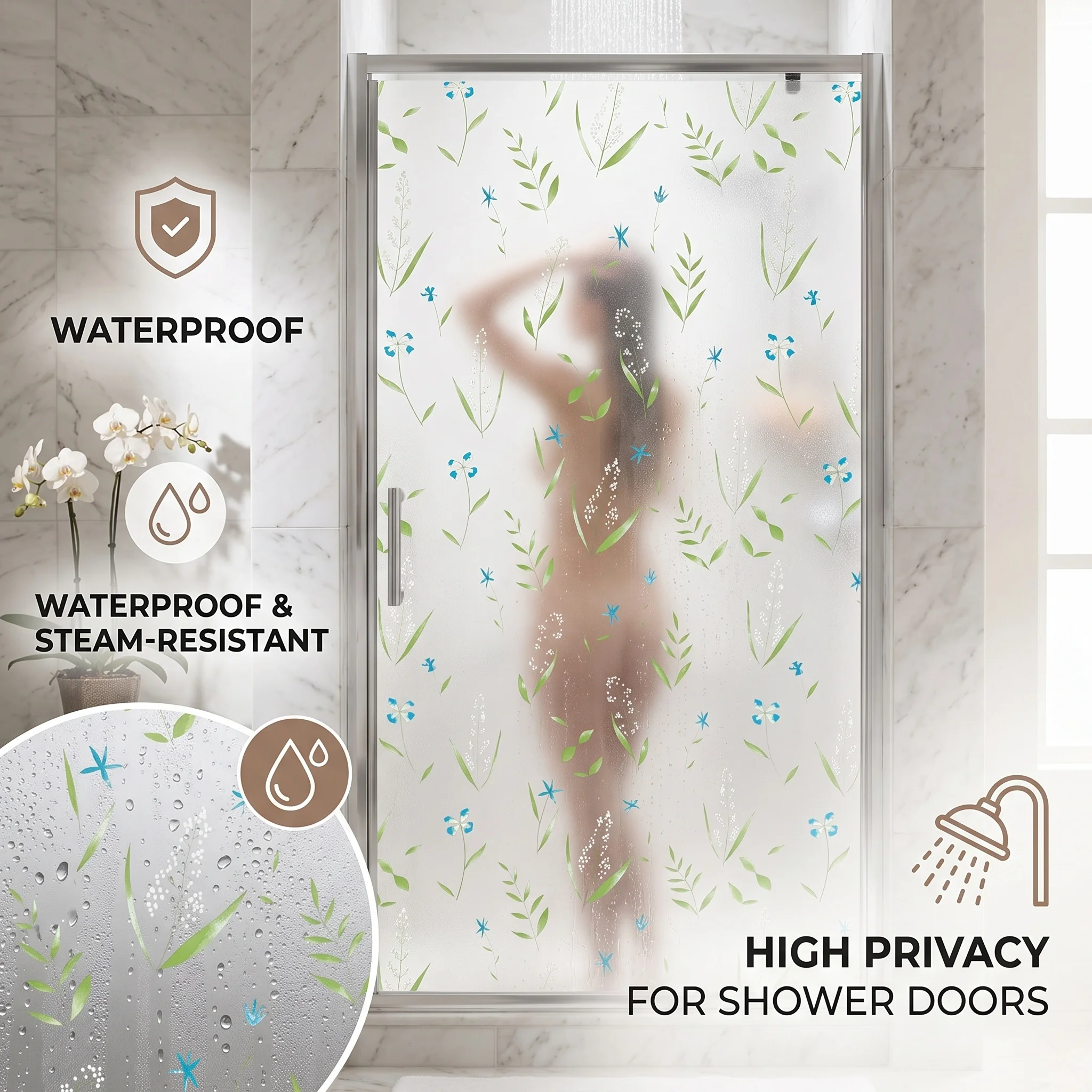 Frosted Botanical Self-Adhesive Window Film 96% Waterproof Scratch-Resistant UV Protection Privacy Glass Decor Sticker for Home