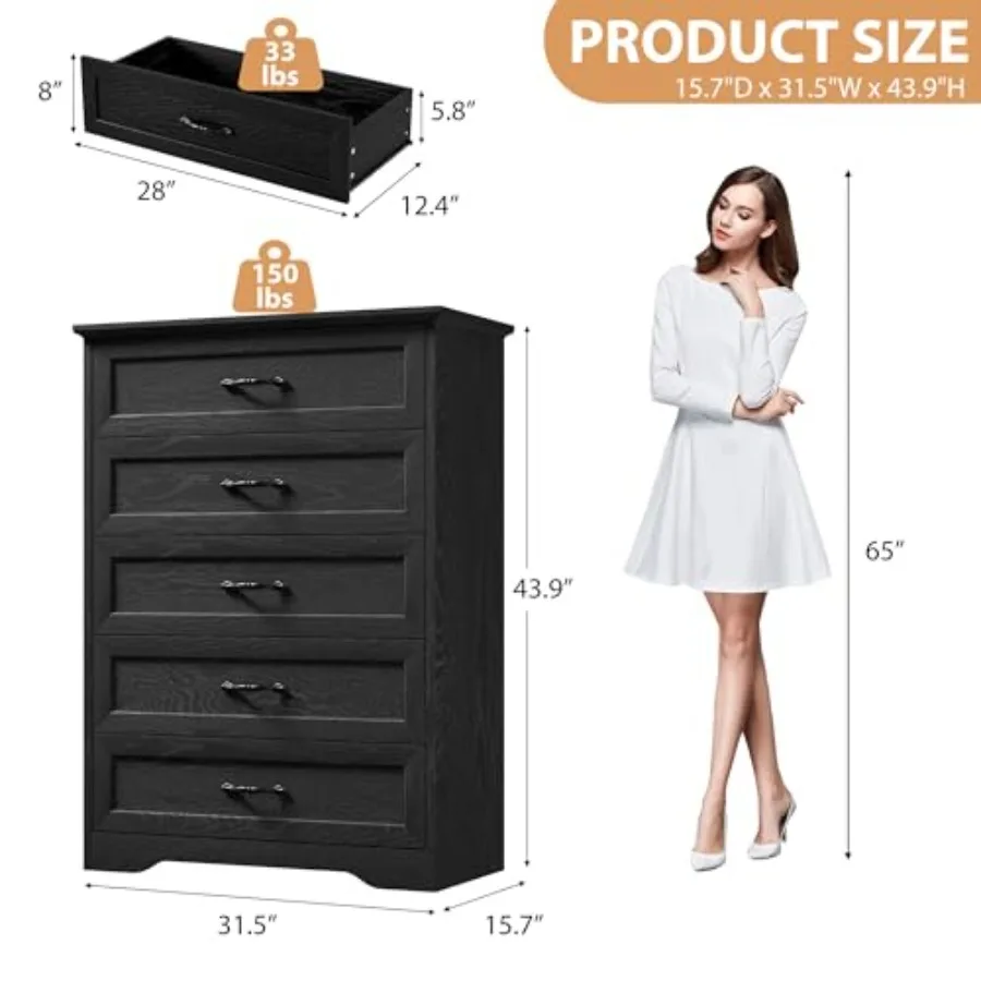 Farmhouse bedroom dresser: wood, white, 43.9 tall with 5 smooth-gliding drawers for spacious, rustic-chic storage