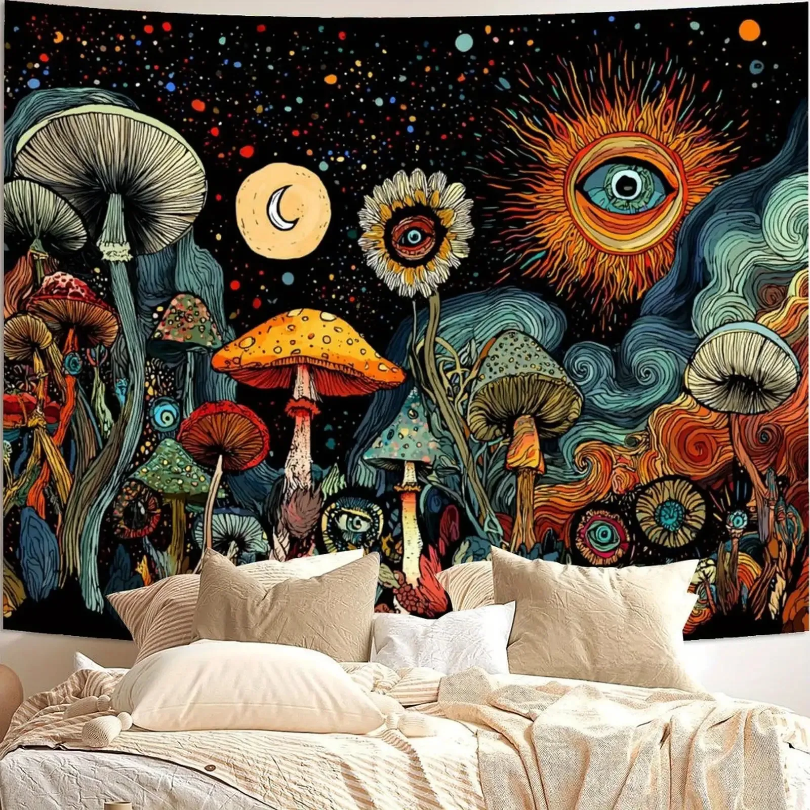 VIKAMA Mushroom Forest Fantasy Tapestry, Hippie Psychedelic Wall Hanging  Bohemian Home Decor For Bedroom, Living Room And Dorm