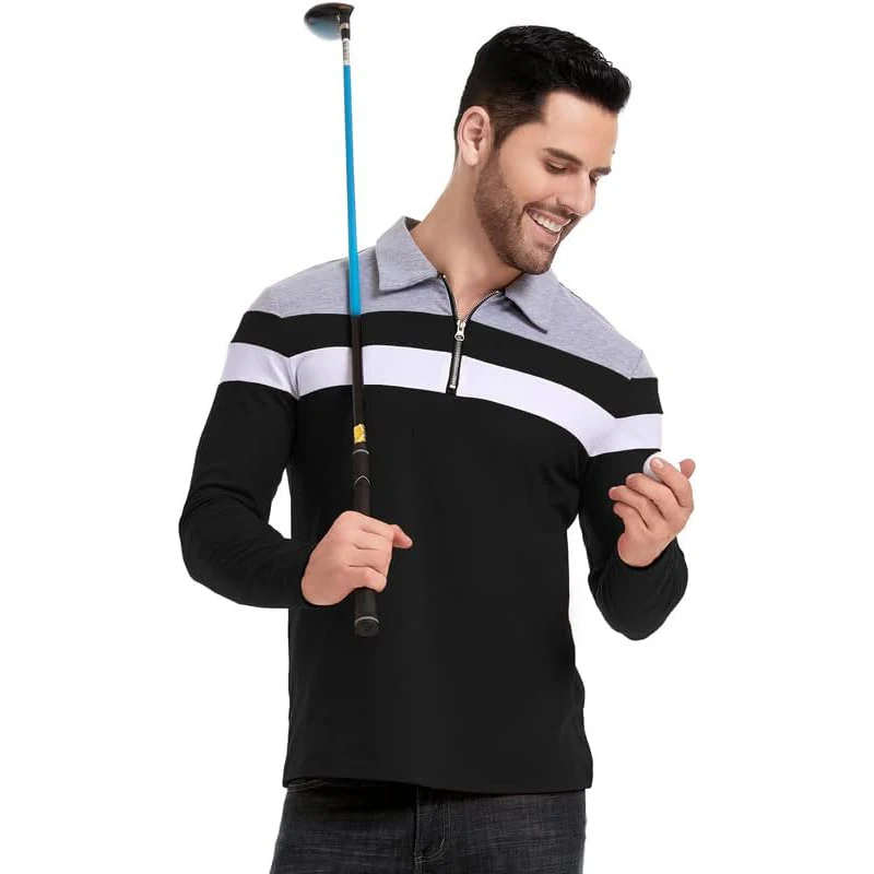 Men's Long Sleeve Striped Polo Shirts 1/4 Zip Cotton Patchwork Collared Shirt Casual Fashion Pullover Slim Fit Golf Shirt image 3
