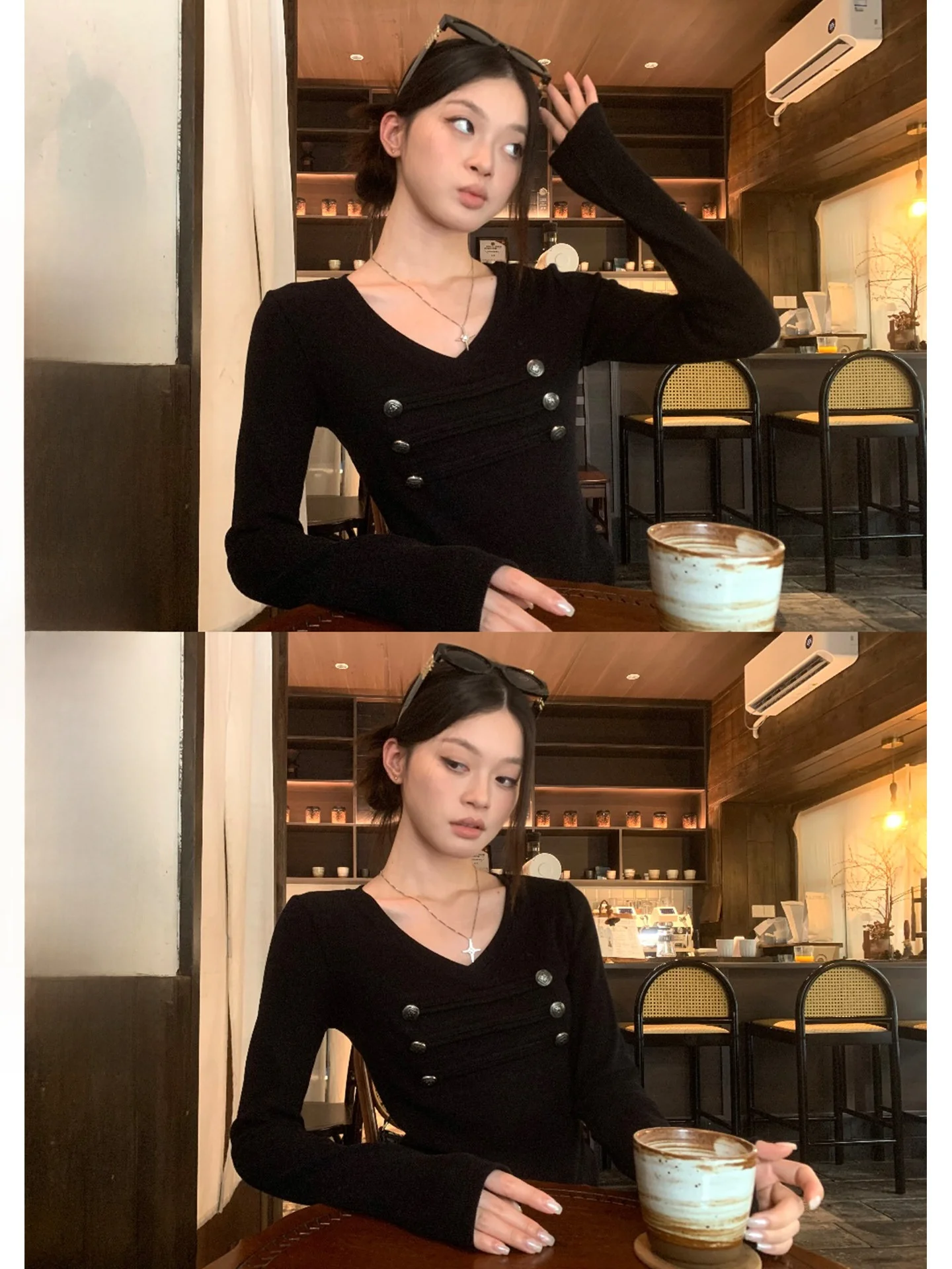 Slim Fit Long Sleeve V-Neck Base Shirt Women's Inner Wear T-Shirt Fall New Style Versatile Suits Commute Wind Resistant