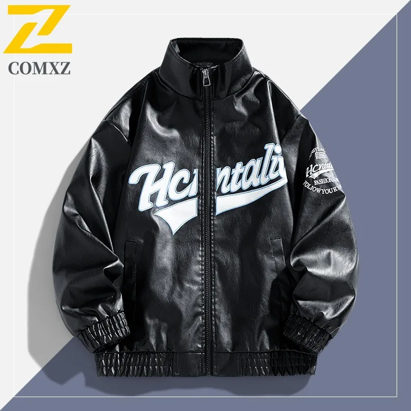 

COMXZ ветровка из искусственной кожи с буквенным принтом, модная ретро-модная красивая дорожная куртка для бега, мужские велосипедные куртки, устойчивое к царапинам пальто