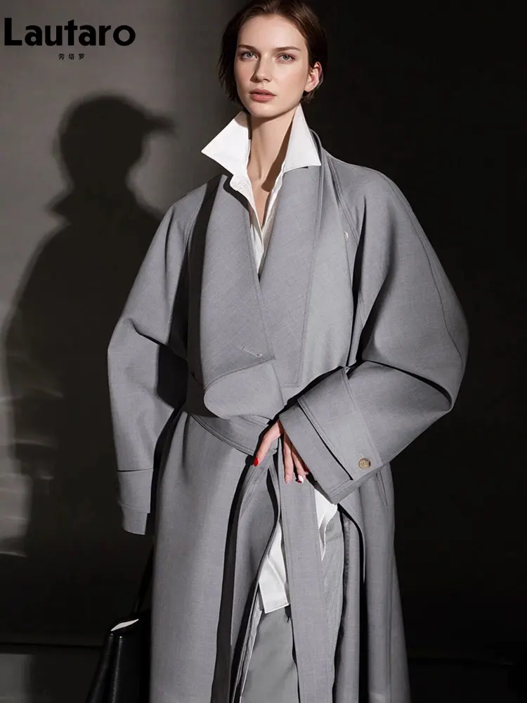 Lautaro Spring Autumn Oversized Khaki Long Dark Purple Trench Coat for Women Sashes Elegant Luxury European Fashion Overcoat