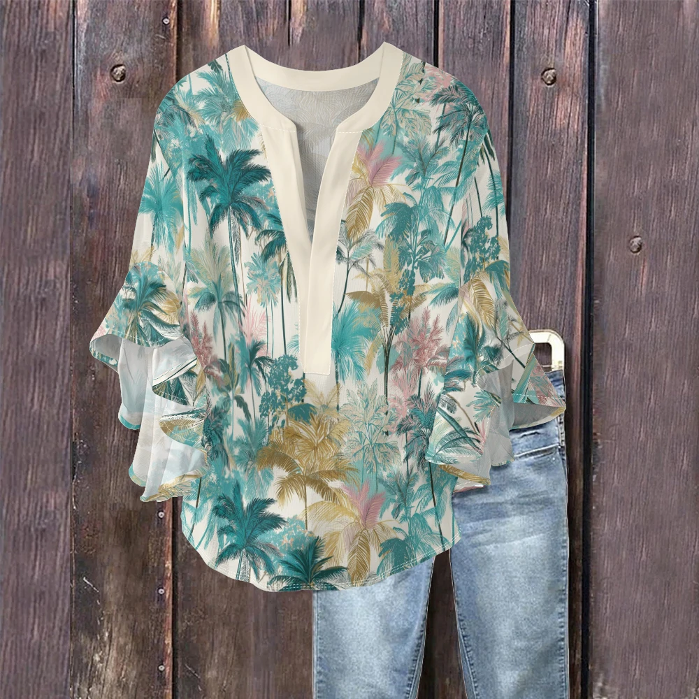 Women's Resort Wear Blouse Gold Pink Tropical Palm Leaf Print Shirt V-Neck Boho Flounce Sleeve Top for Beach Vacation Holiday