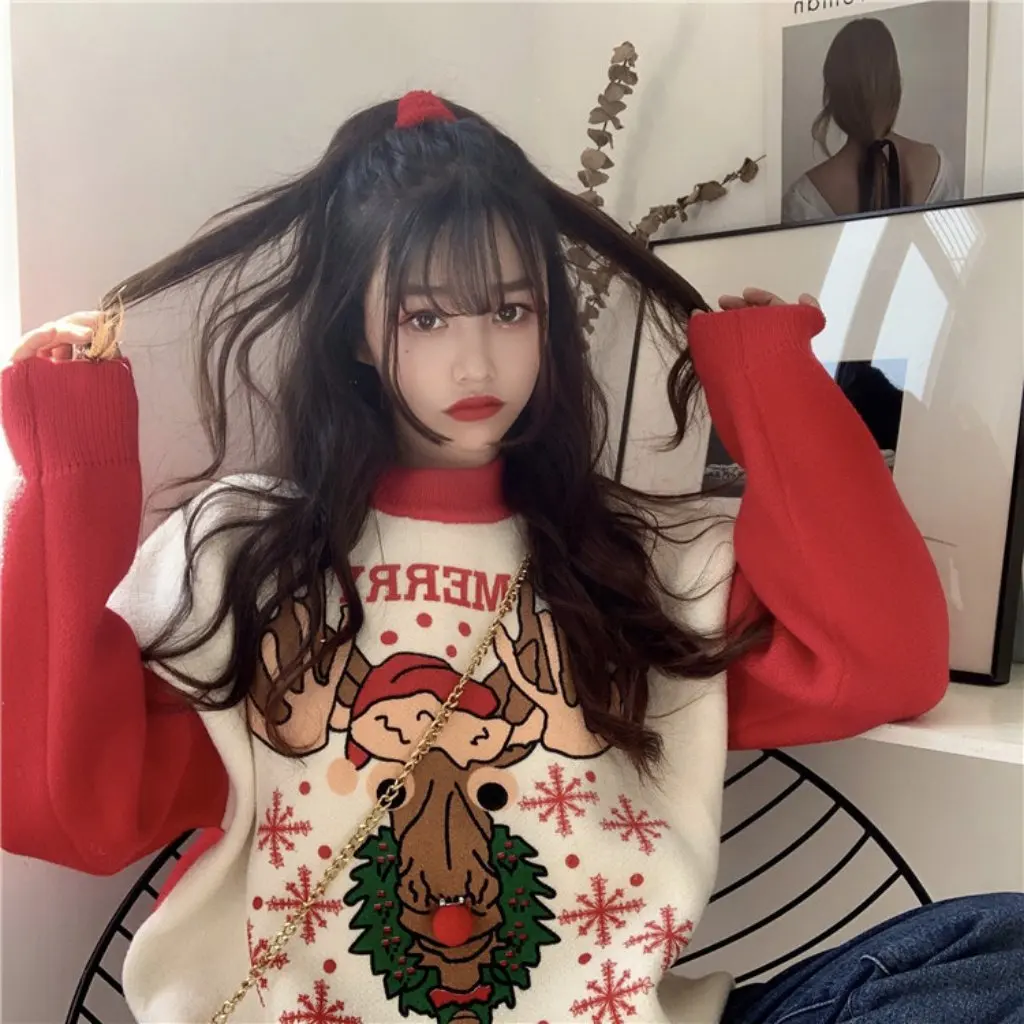 

Women's Christmas Red Base Knit Sweater Winter Thickened Loose Outerwear Casual Versatile for Petite