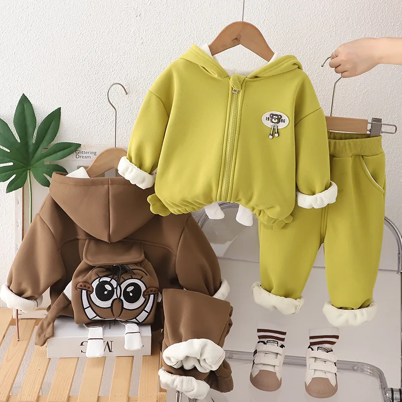 

Boys' autumn/winter 2-6Year Sets for children children's clothing cartoon hooded zipper and velvet set baby thick two-piece set