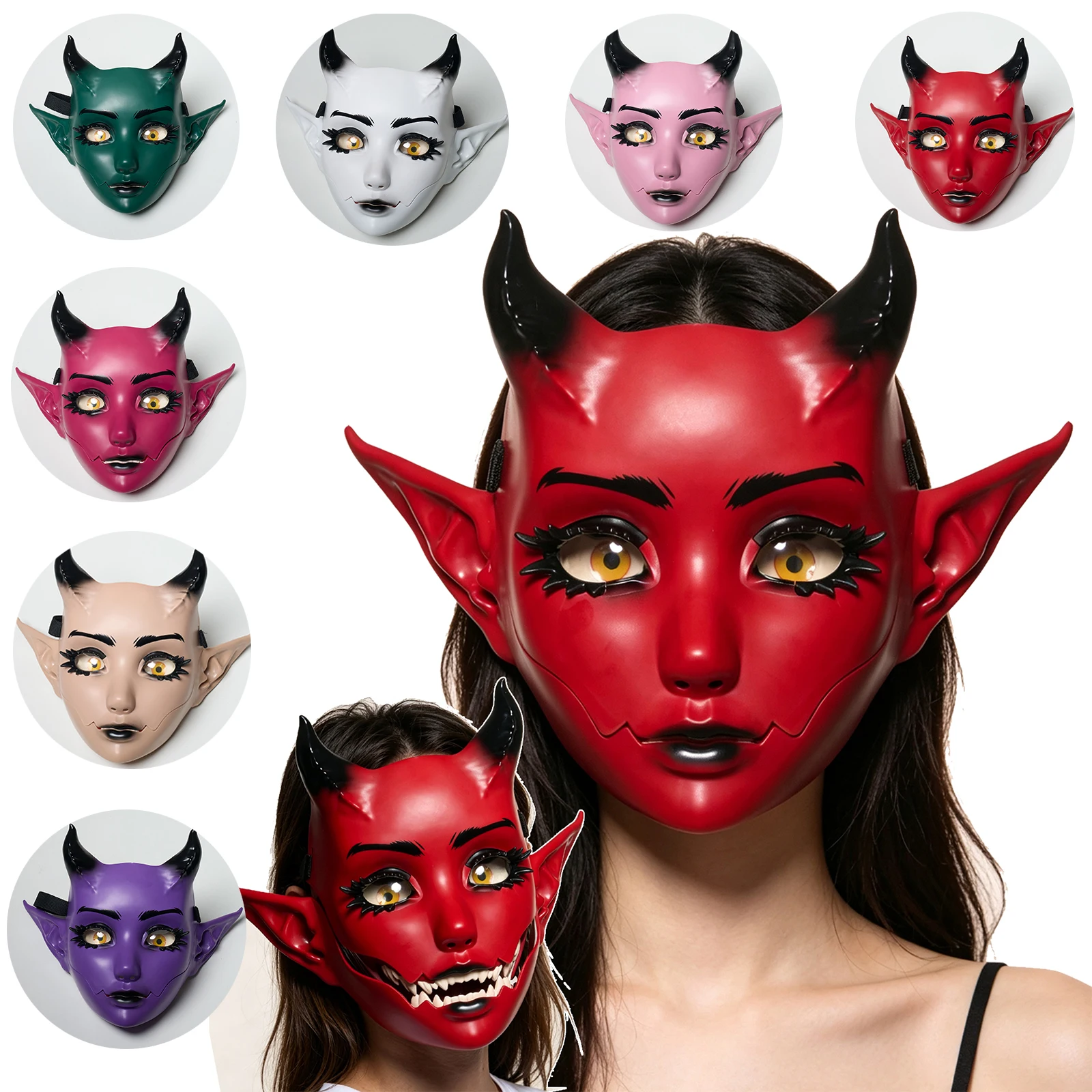 JAUPTO 7 Color Horned Movable Jaw Mask Open Mouth Fantasy Creature Mask Halloween Costume Party Festival Face Cover Adult