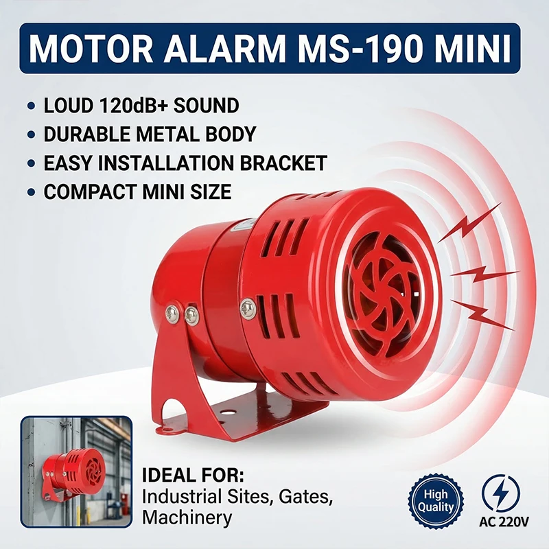 

Powerful 120dB Mini Motor Siren MS-190- Metal Horn Alarm 220V, Industrial Rotating Warning Light/Siren with Screw Mount