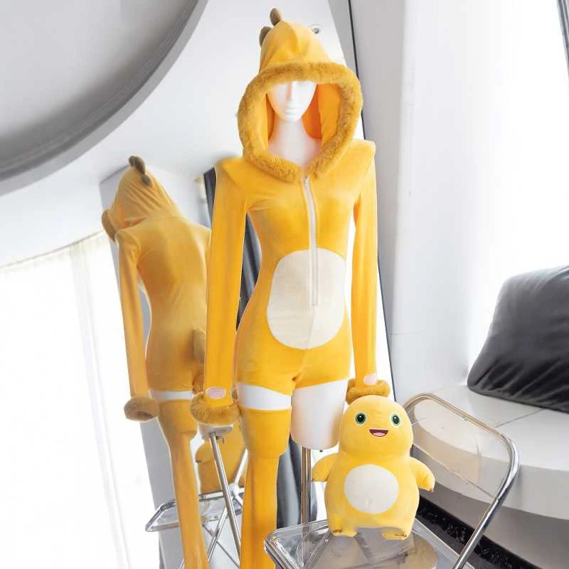 

Nailong cosplay Costume yellow cute and sexy plush hooded jumpsuit with tail and socks Halloween cosplay costume