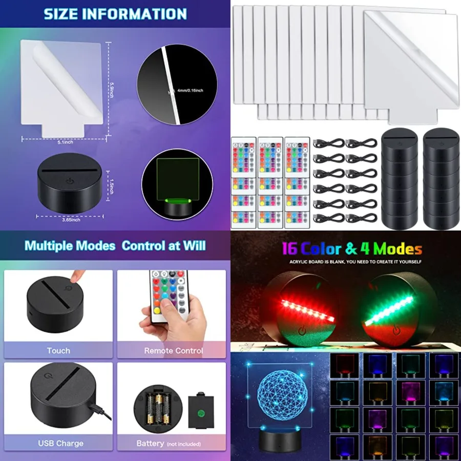 12 Pieces LED Light Base with Clear Acrylic 3D Night LED Lamp Display Base 16 Colors and 4 Modes Remote Control USB Cable for D
