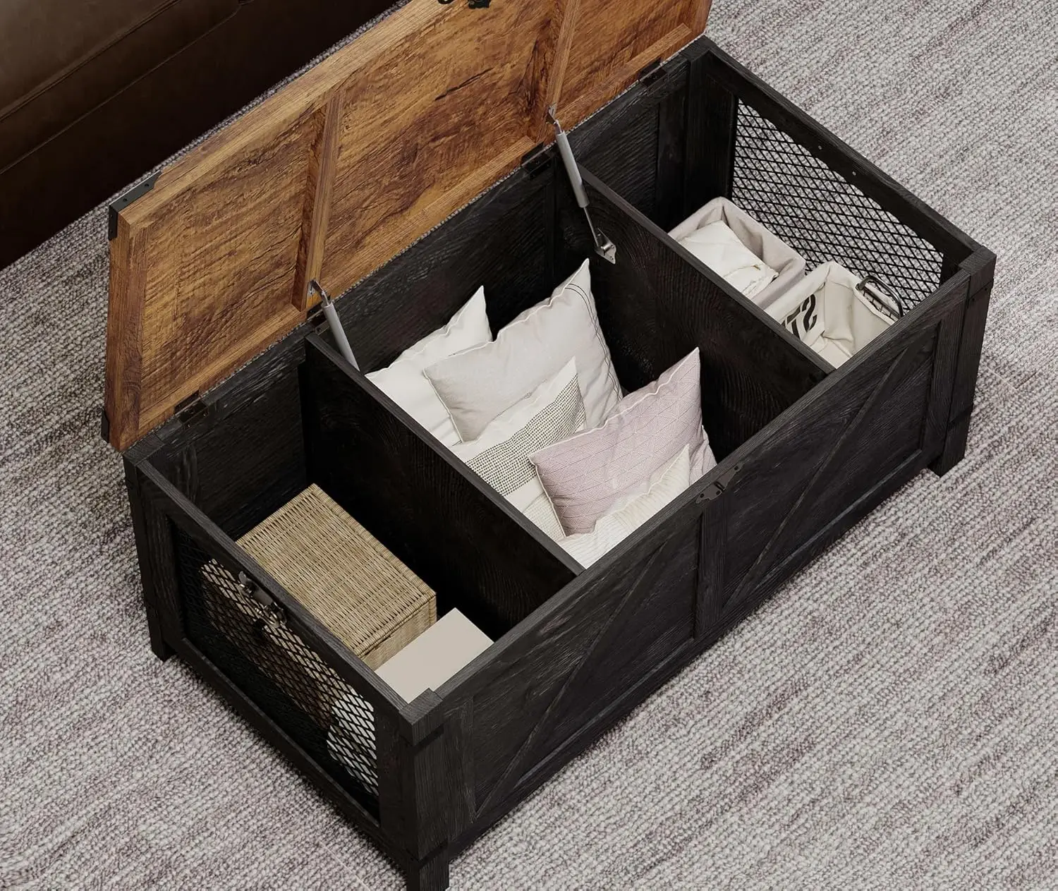 Mesa de centro elevable para sala de estar, mesa de centro de granja con almacenamiento oculto, muebles pequeños con acento con gabinete de malla y Ru