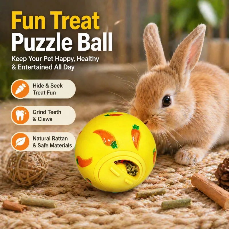 

Pet Rabbit Treat Ball Toy, Chew Hide and Seek Puzzle for Bunnies, Guinea Pigs, Hamsters，Natural Rattan Grinding Teeth and Claws