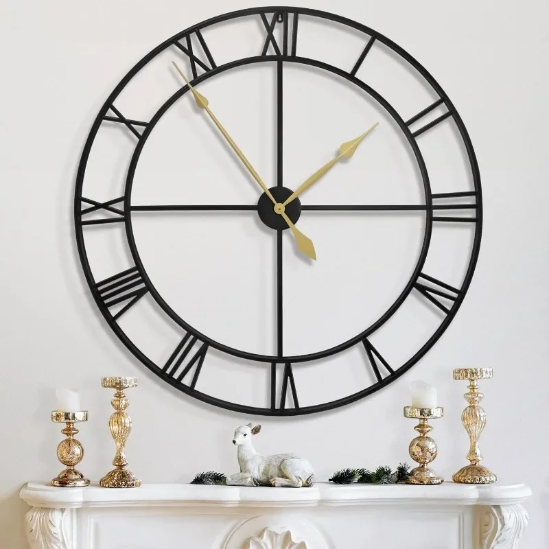 LEIKE 40 Inch Extra Large Modern Wall Clock Oversize Rustic Round Nearly Silent Non Ticking Battery Operated Black Metal