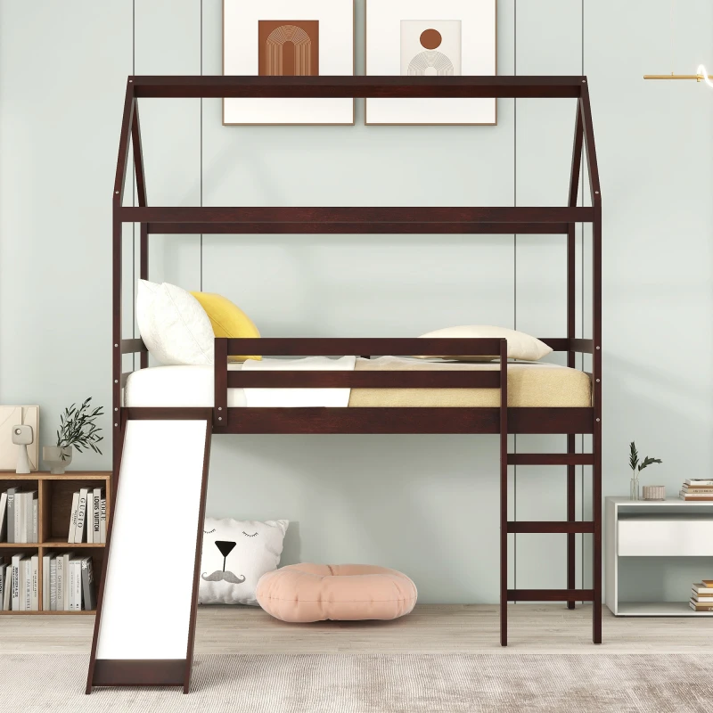 Twin Loft Bed with Slide, House Bed with Slide,Gray