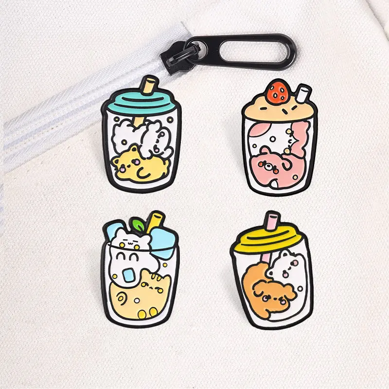 Niedliche Bubble-Tea-Tier-Emaille-Abzeichen, Cartoon-Getränkebecher-Anstecker, liebenswerte Haustier-Charakter-Broschen, Reversnadel-Set, Geschenk für Freunde – Detail 4