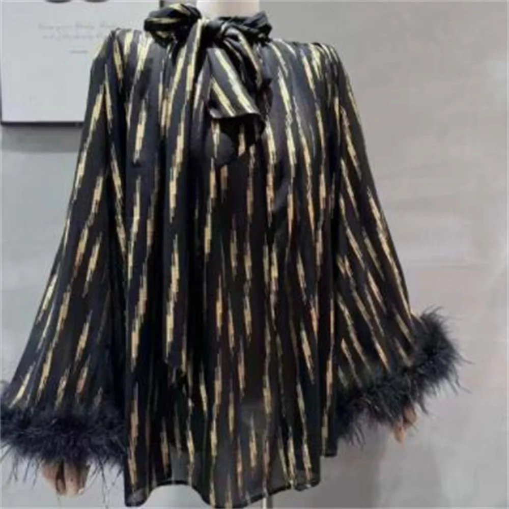 2024 Spring New Feather Cuff Perspective Shirt Tied Scarf Collar loose Top