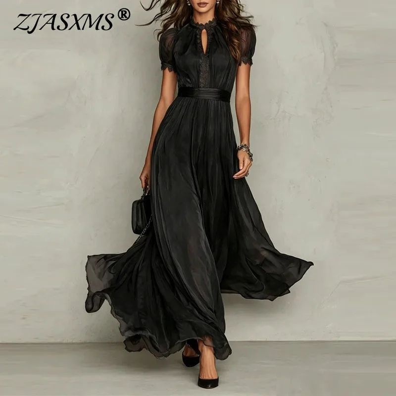 Elegantes O-Ausschnitt Hochgeschnittenes Fließendes Langes Partykleid Damen Sexy Spitzenbesatz Ausgeschnittenes Maxikleid Sommer Kurzarm Rüschen Boho-Kleid