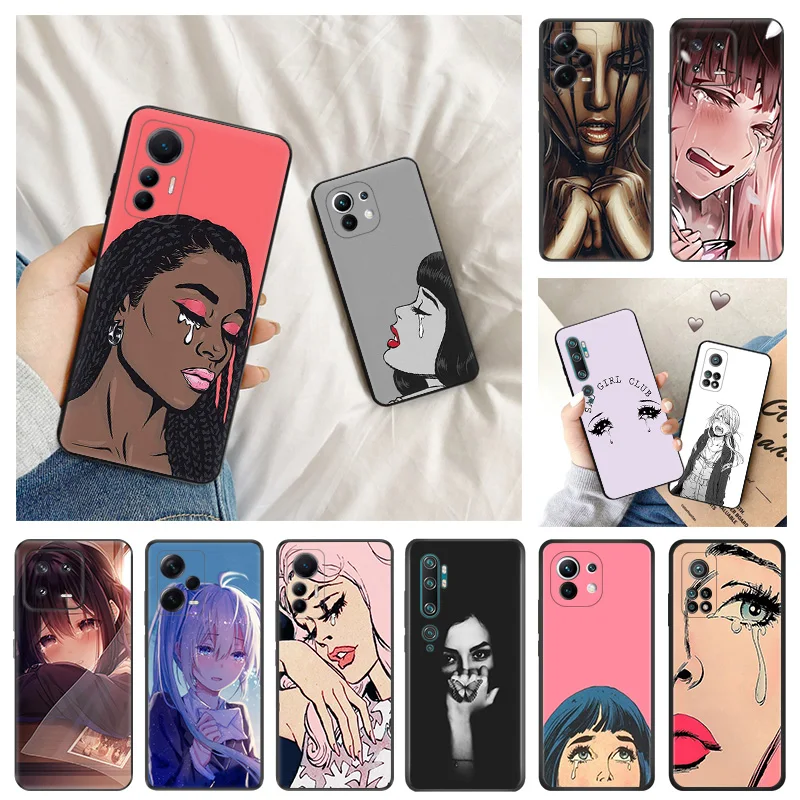 Ultra Thin Cartoon Sad Tearful Girl Black Phone Case for Redmi Note13 4G 12s 12c 13c Note12 Xiaomi 13 12 Lite 12x 12t Pro Cover