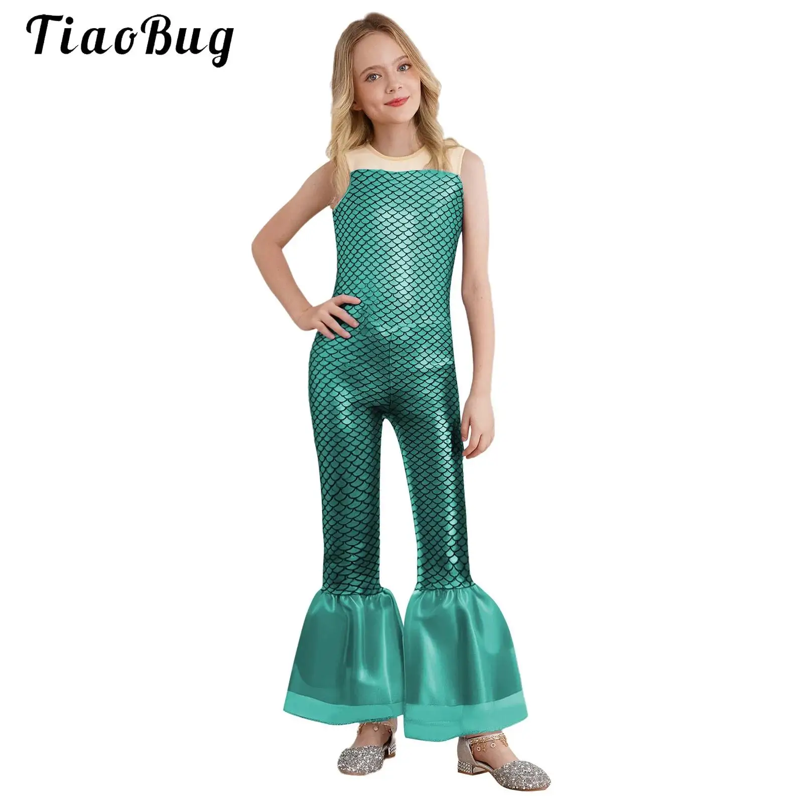 Girls Halloween Mermaid Cosplay Costume Sleeveless Metallic Fish Scales Print Flared Bodysuit Mermaid Jumpsuit Party Dress Up