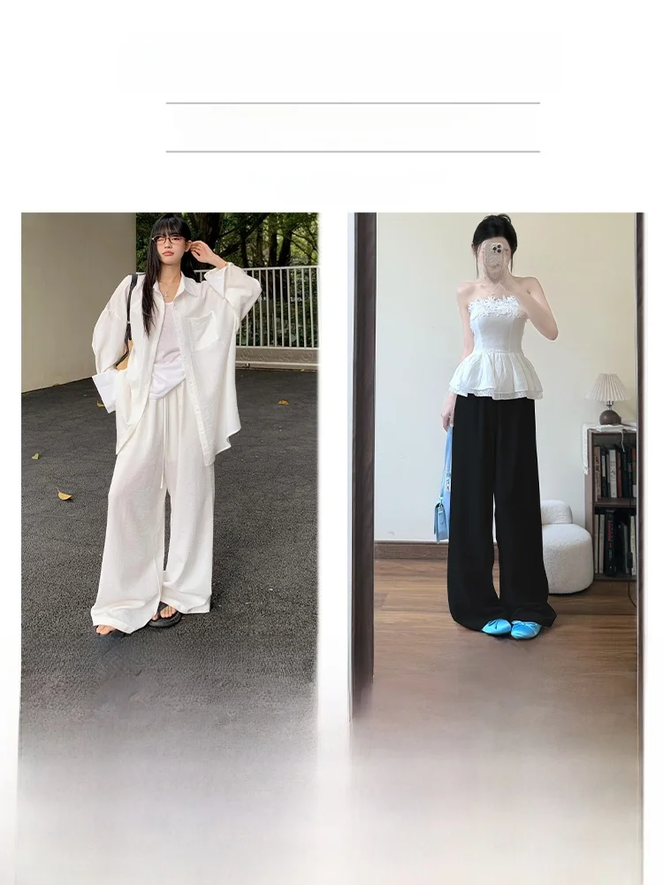 白い綿麻ワイドレッグパンツ レディース 夏 薄手 ゆったり カジュアル ラフ 小さいサイズ スリム ハイウエスト マキシ丈 ストレートパンツ