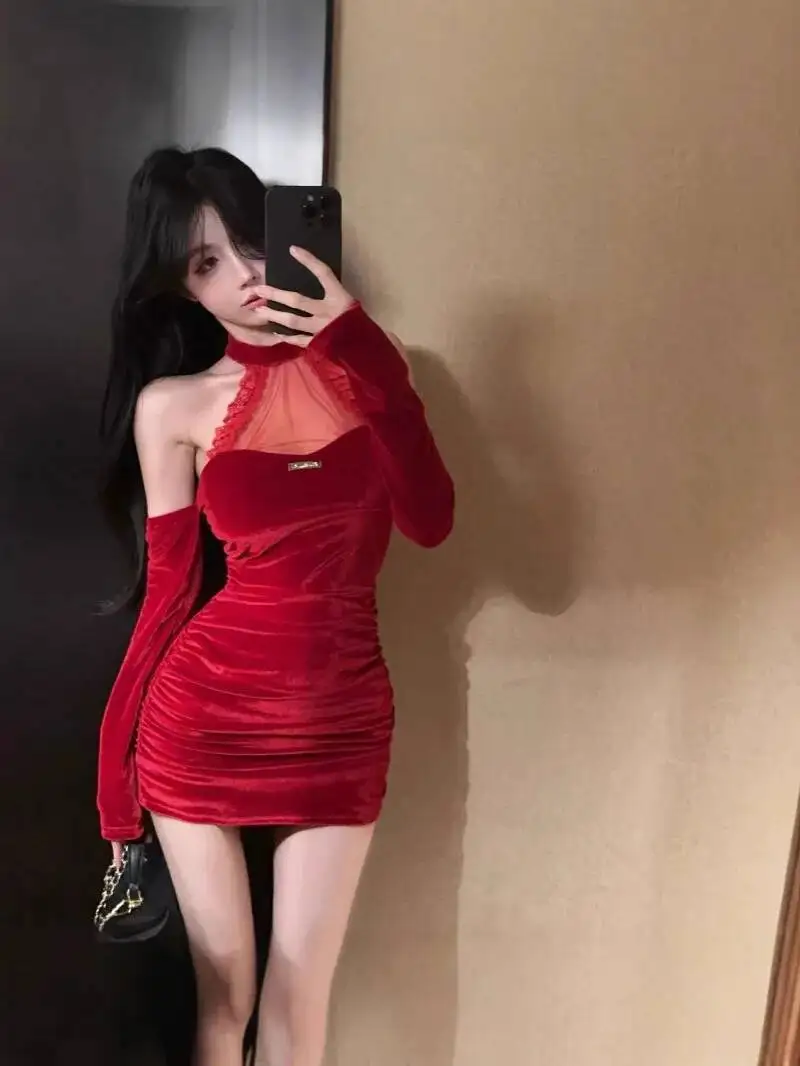 Mesh Sweet Mini Dress Lace Sheer Pure Desire Hanging Neck Mesh Lace Pleated Off Shoulder Spicy Girl Sexy Slim Dress Elegant Z1K5