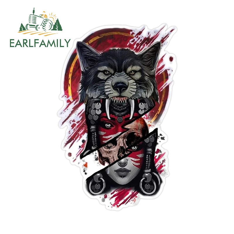 

EARLFAMILY 13cm x 8.3cm Angry Wolf Head Car Stickers Geisha Skull Japanese Surfboard Decal Funny Scratch-Proof Caravan Decor