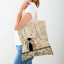 Bolso de mano con estampado de gato negro para mujer, bolsa de lona con estampado de Animal de Mascota, bolso de hombro para compras