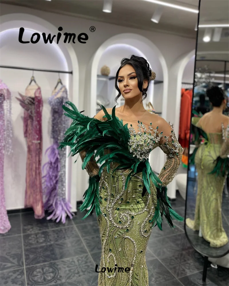 Luxury Celebrity Dress 2024 Couture Green Feathers Evening Dresses Crystals Beaded Mermaid Long Prom Party Gowns Robe De Soiree