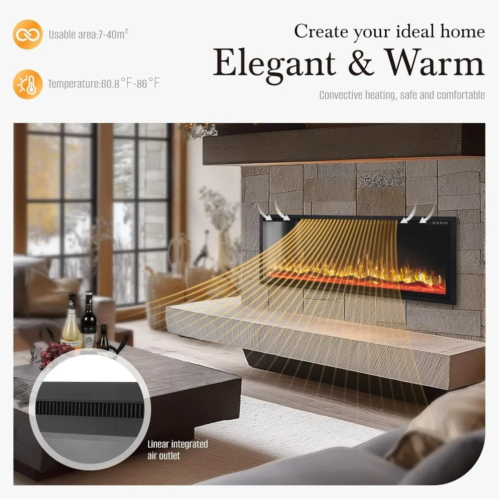 Electric Fireplace  Wall Mounted with Remote Control, Recessed Fire Place Heater Ultra Thin Slim for Indoor Use