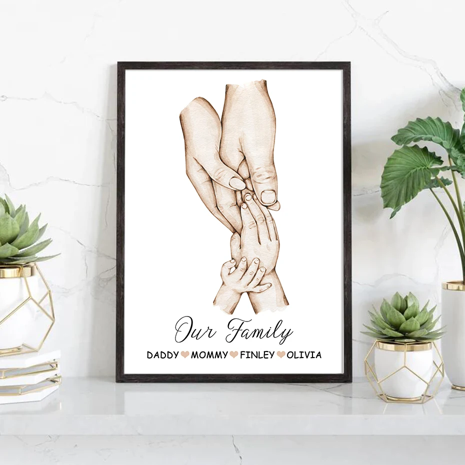 

Custom Name Our Family Parents With Kids Holding Hands Poster Canvas Painting Wall Art Print Picture Living Room Home Decor Gift