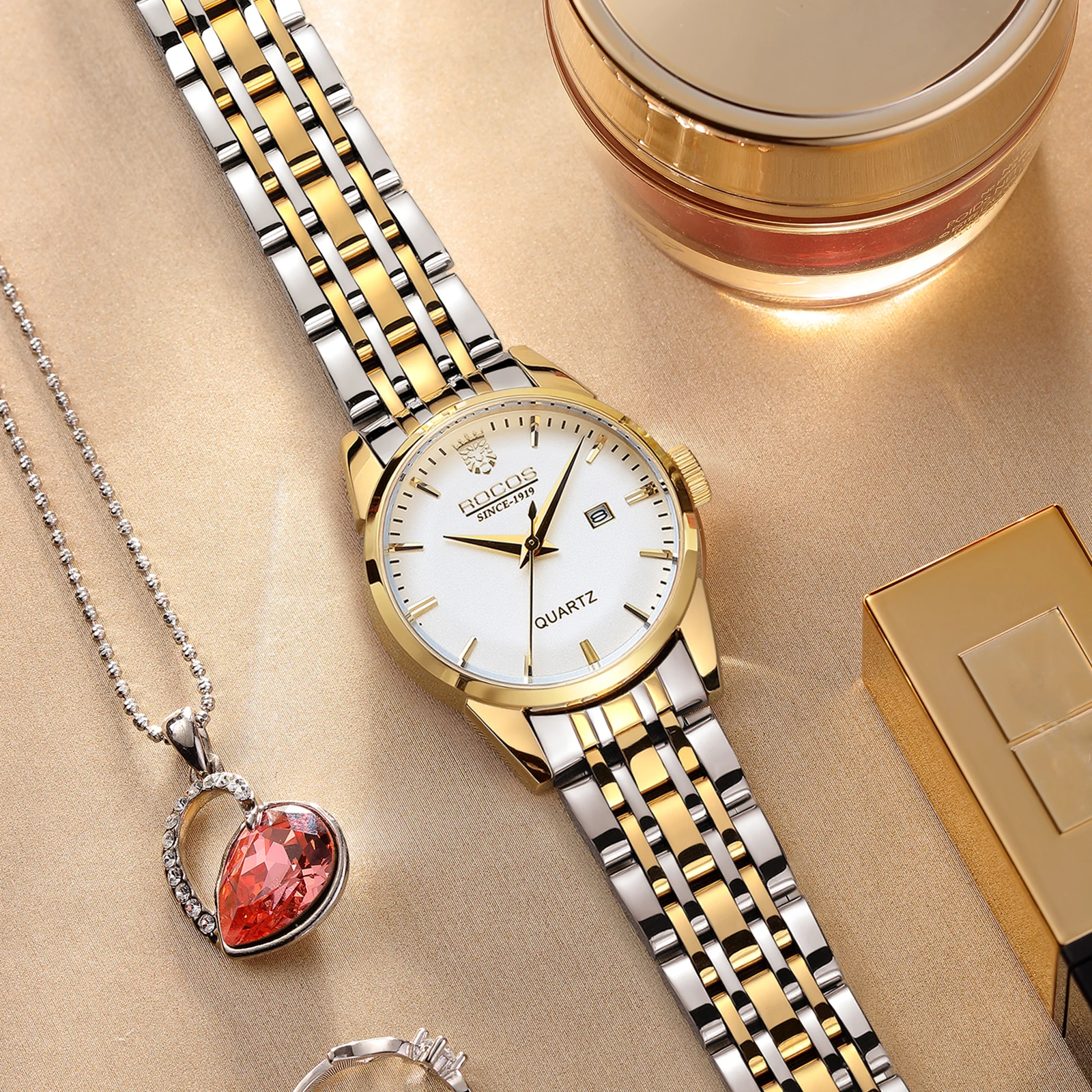 ROCOS Classic Golden Watch For Women, Analog Womens Watch with Stainless Steel Three-Hand Watch With Date Dispaly Waterproof