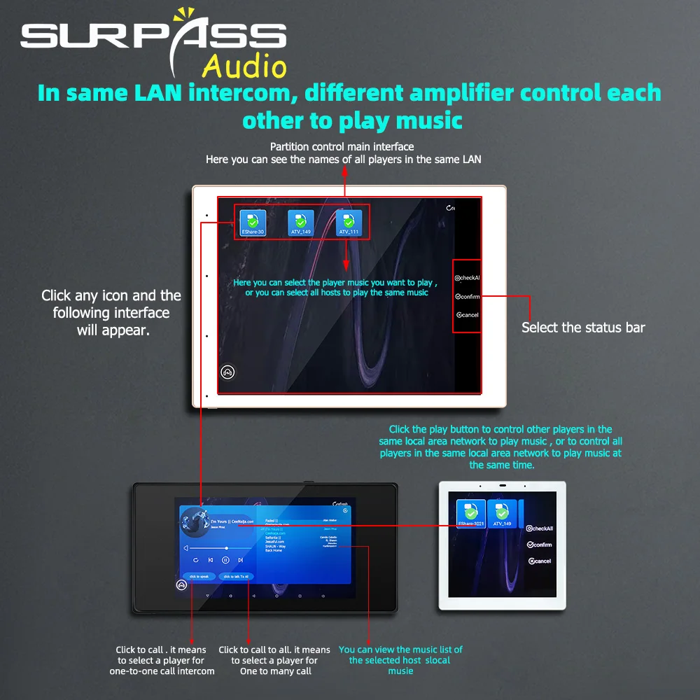 8-inch internal communication Android 6 touch wall mounted amplifier  with 1G+8G TUYA Wi Fi for home hotels and commercial audio