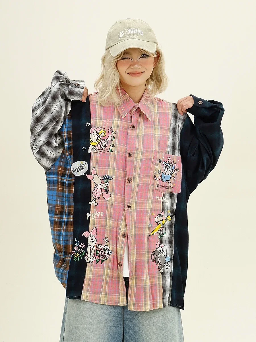 Cartoon Plaid Splicing Long-sleeved Shirt Autumn New Loose Bf Japanese Retro Top Trendy Girl 2024