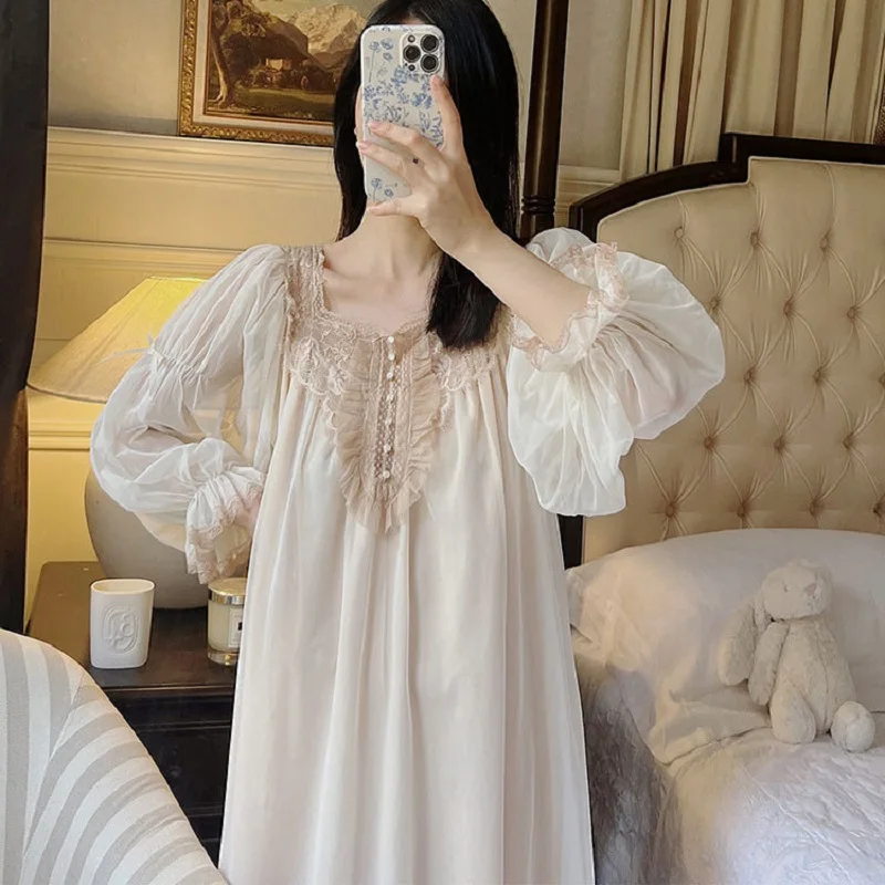 Vintage Gauze Cotton Long Nightgowns For Women Long Sleeve Elegant Princess Nightshirts Spring Summer Loose Long Nightgowns