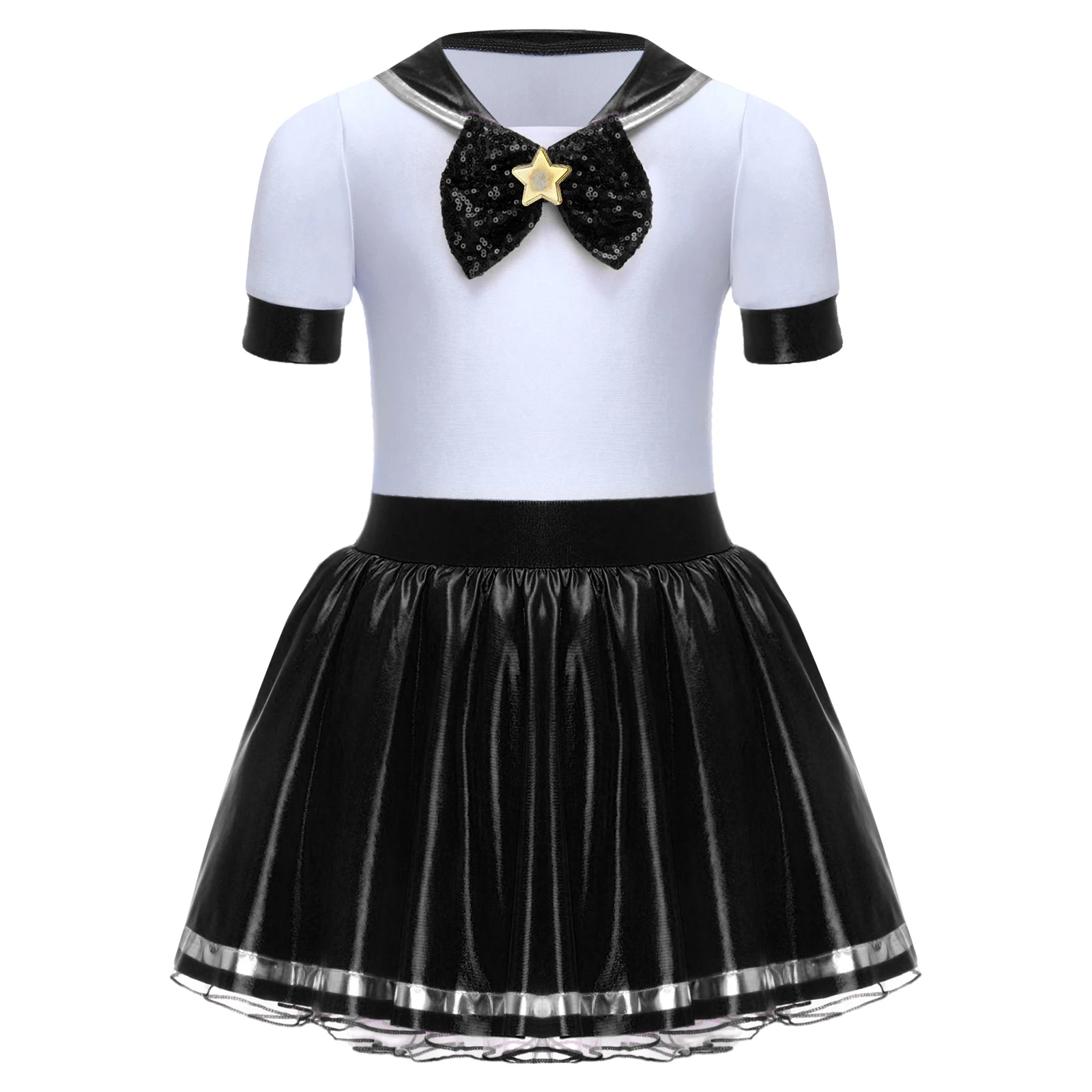 Girls Anime Sailor Costume Metallic Glossy Short Sleeve Bow Ruffle Dress Halloween Party Cosplay Japanese School Girl Uniform