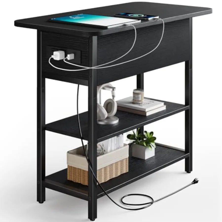 

End Table with Charging Station for Living Room Bedroom, Wood Finish, Black, Flip Top Design with 2 USB Ports and 1 AC Outlet,
