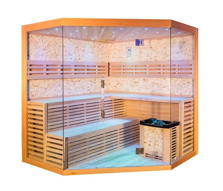 Luxury 4-Person Hemlock Wooden Sauna, Himalayan Salt, Dry and Wet Steam, Commercial Spa Room