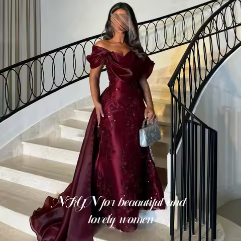 NFYN Burgundy Elegant Prom Gown Off the Shoulder Shiny Sequins Prom Dress Appliques Trailing Chic Woman Evening Dress Customized