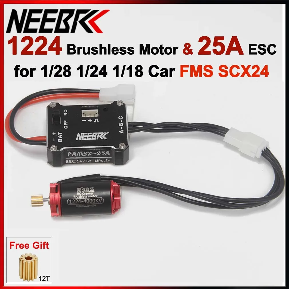 

NEEBRC 1224 4000KV 3600KV Бесщеточный двигатель 12T Gear 25A ESC 5V/1A BEC 2S для 1/28 1/24 1/18 Запчасти для гусеничного внедорожного автомобиля FMS SCX24