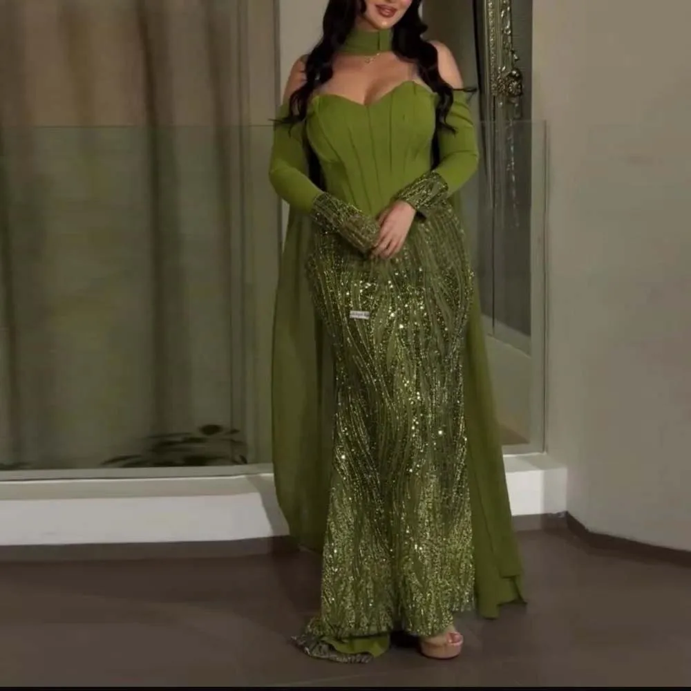 

Customized Sequin Embroidery Mermaid Evening Dress with Scarf Off the Shoulder Corset Prom Gown Green Semi Formal Occasion Dress