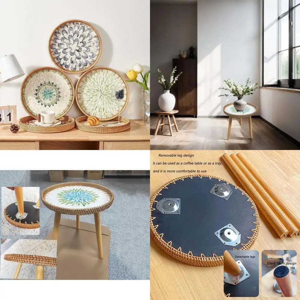 

Inlaid Pearl Coffee Table, Rattan Round Side Table, Handcrafted 3-Legged Rattan Tray, Living Room/Bedroom Side Table, Balcony Pe