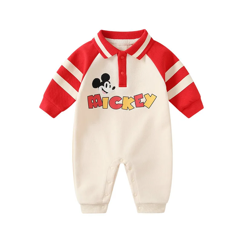 

MINISO Mickey Baby Bodysuits POLO Color Matching Spring Long Sleeve Kawaii Cotton Soft Cotton Infant Rompers Outfit 0-1 Years