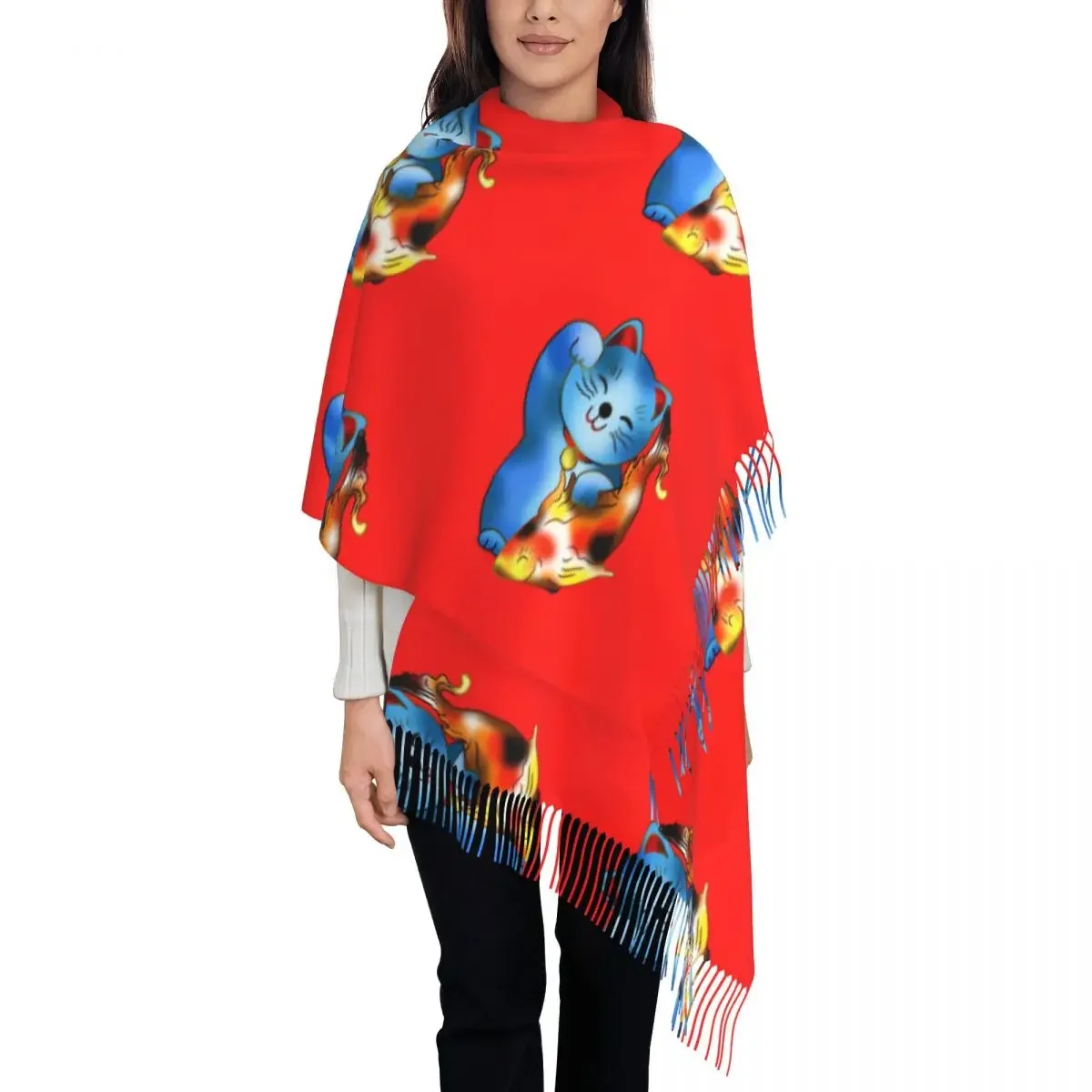 

Right Paw Blue Maneki Neko With Fish Tassel Scarf Women Soft Lucky Cat Shawls Wraps Lady Winter Scarves