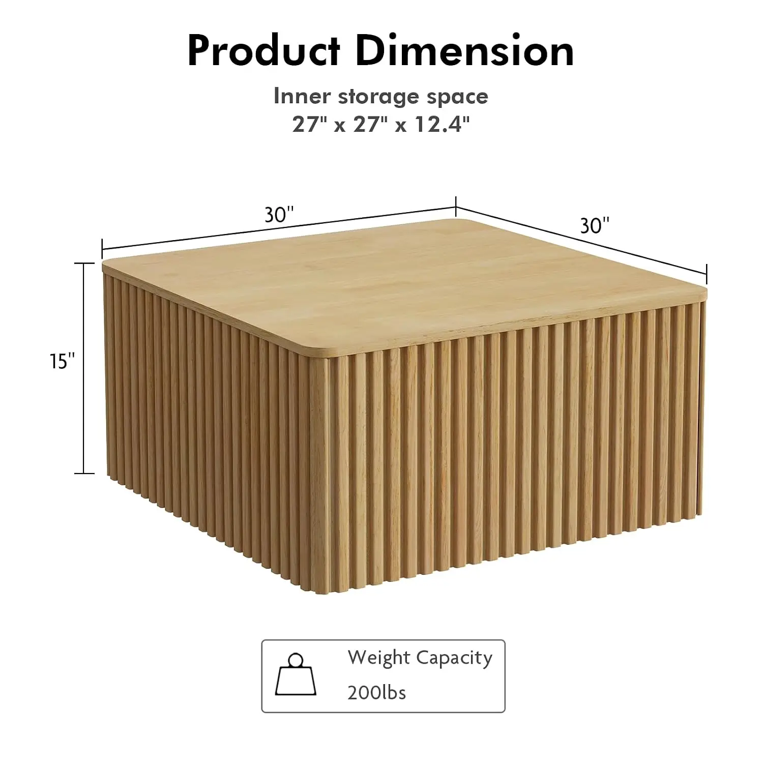 Fluted Square Coffee Table With Storage Large Wood Center Table For Living Room, Customized